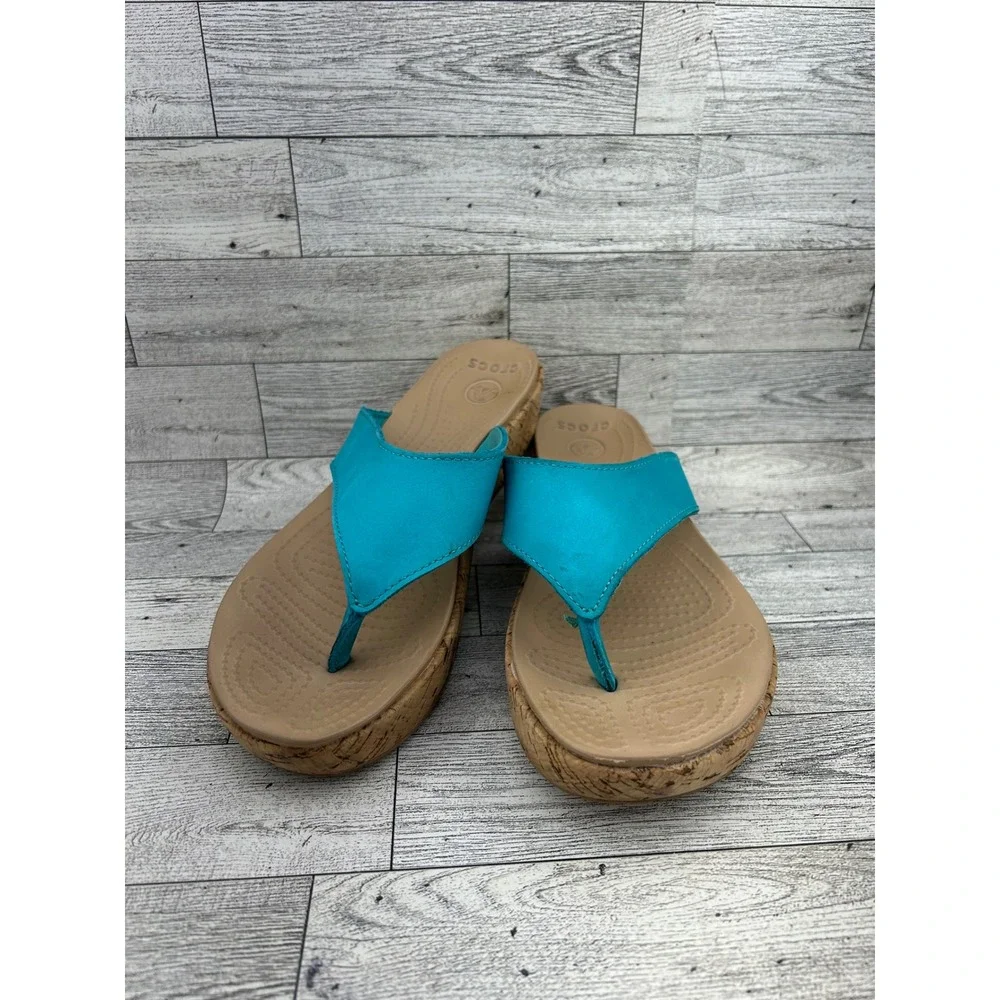Crocs A-Leigh Leather Platform Flip Flop Wedge Sandals Turquoise Womens 8 14933